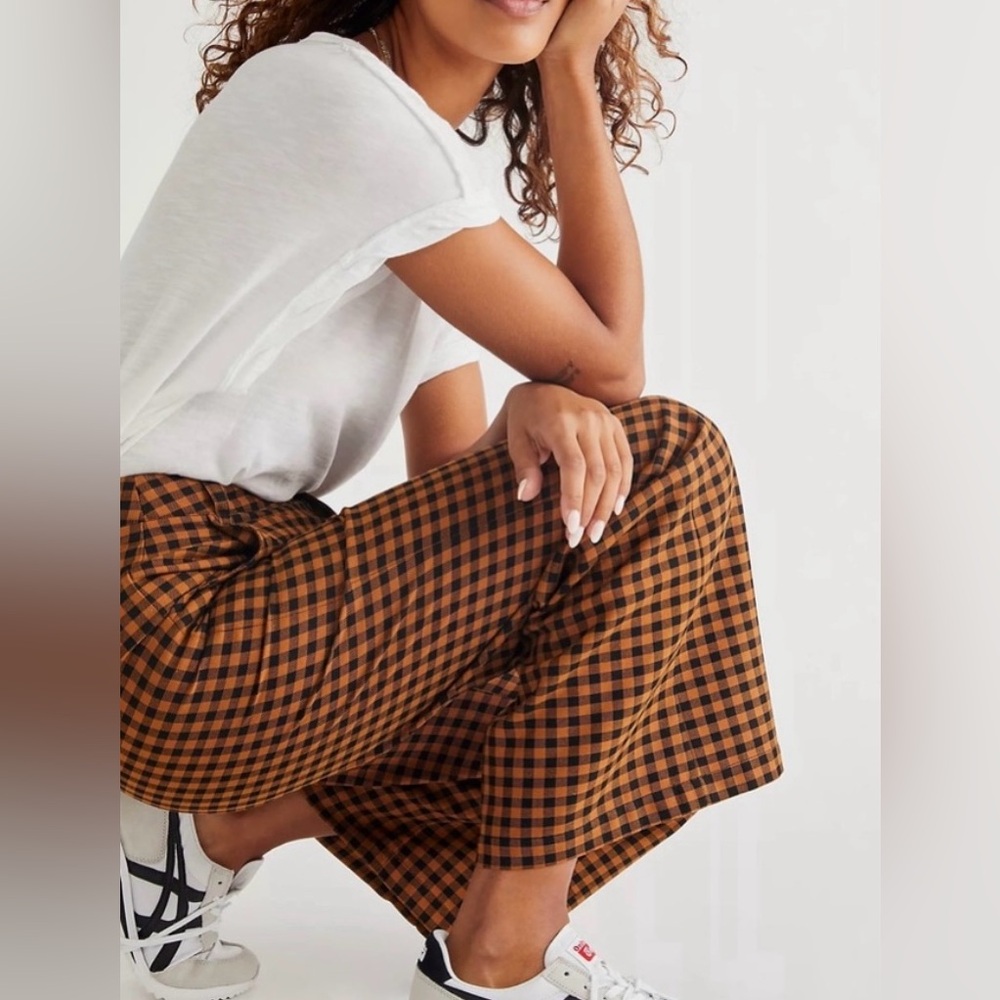 Free People Brown & Black Check Wide-Leg Pants
